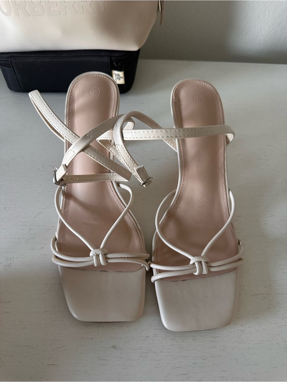 Women's Strappy Square-Toe Heeled Sandals in Light Beige